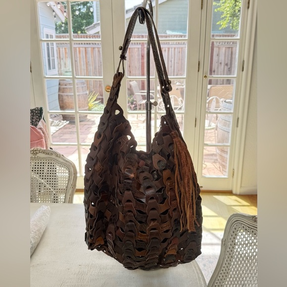 jesslyn blake Handbags - Woven Leather Hobo Bag in Brown with Tassel Detail